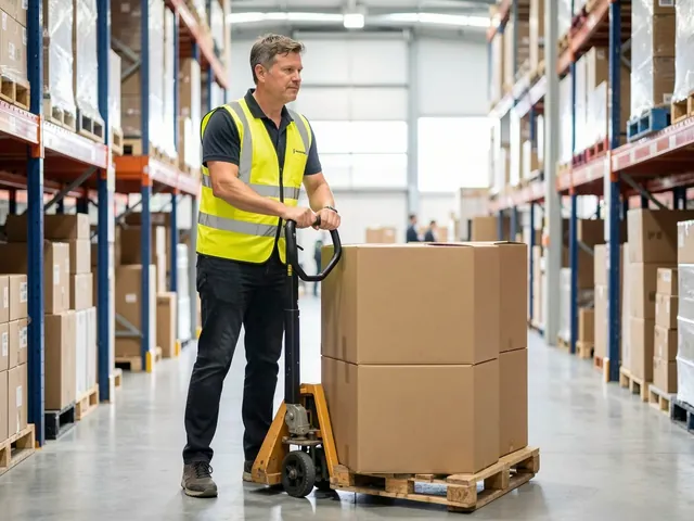 Warehouse worker pushing a loaded pallet jack