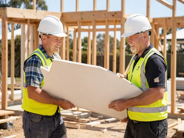 Two tradespeople carrying a plasterboard sheet together