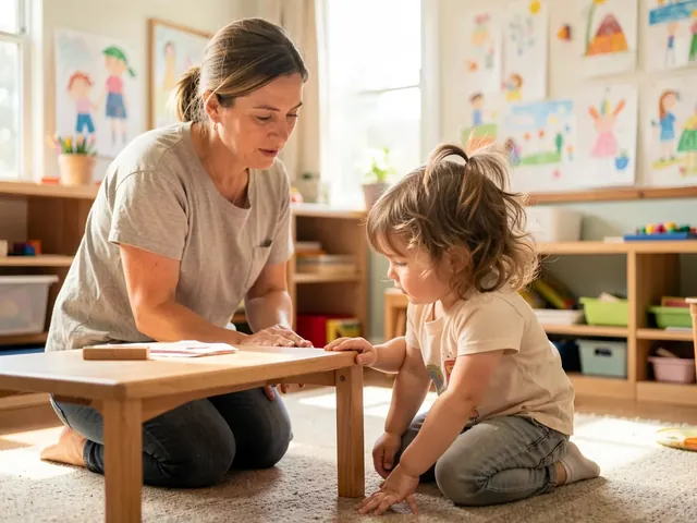 Early childhood educator kneeling beside a toddler at a low table