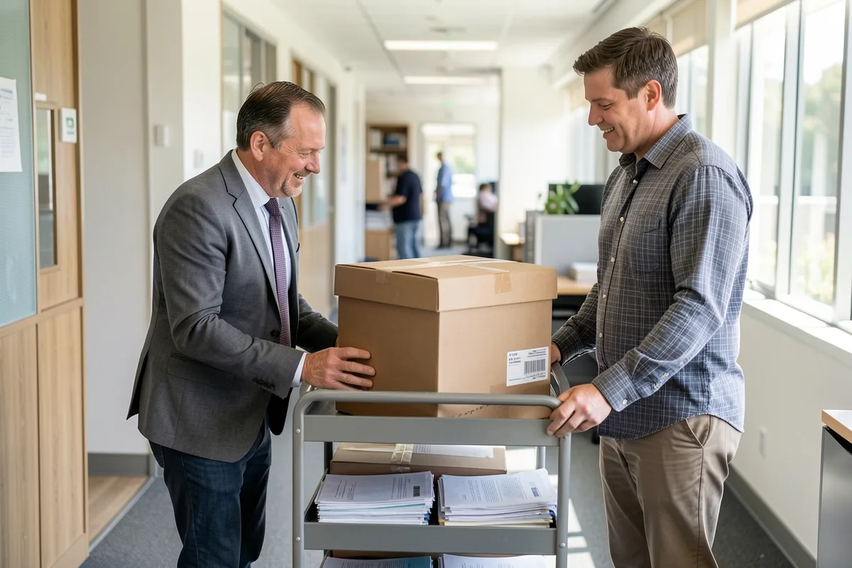 Two colleagues moving archive boxes on a document trolley through an office corridor