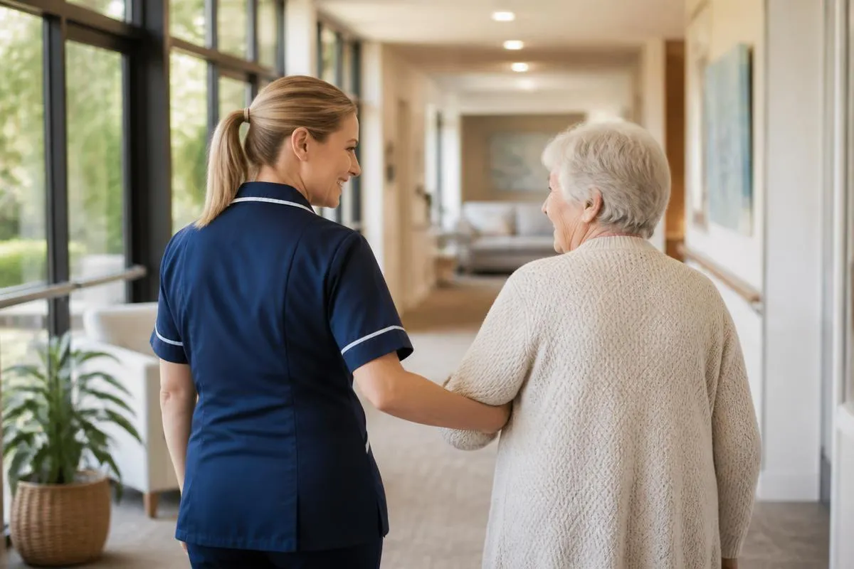 An aged care worker gently helping an elderly resident walk along a bright care home corridor