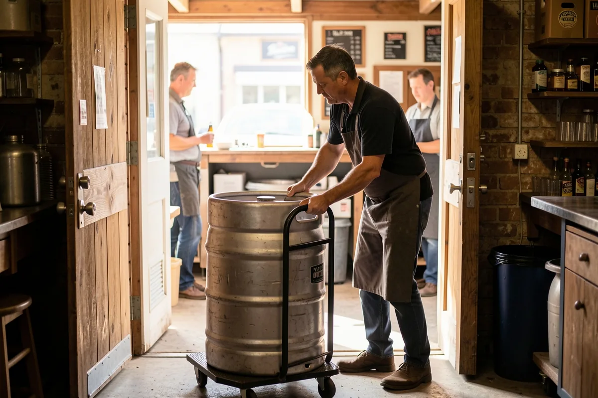 Bar staff moving a full keg with a keg trolley towards a cellar ramp