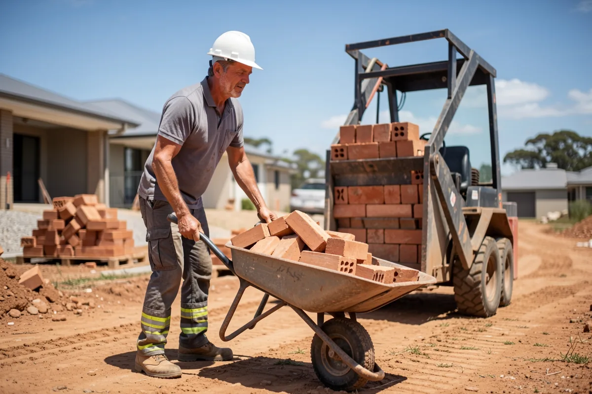 A site worker pushing a loaded wheelbarrow along boards while another uses a brick carrier