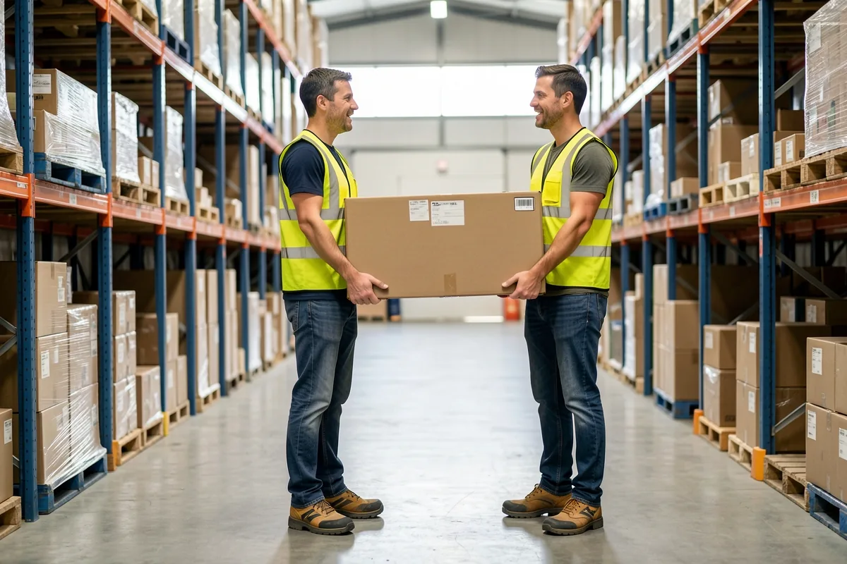 Two warehouse workers team-lifting a long flat-pack box from a pallet, one at each end