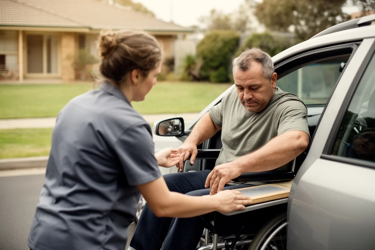 A support worker steadying a participant as they slide across a transfer board from a wheelchair into a car seat