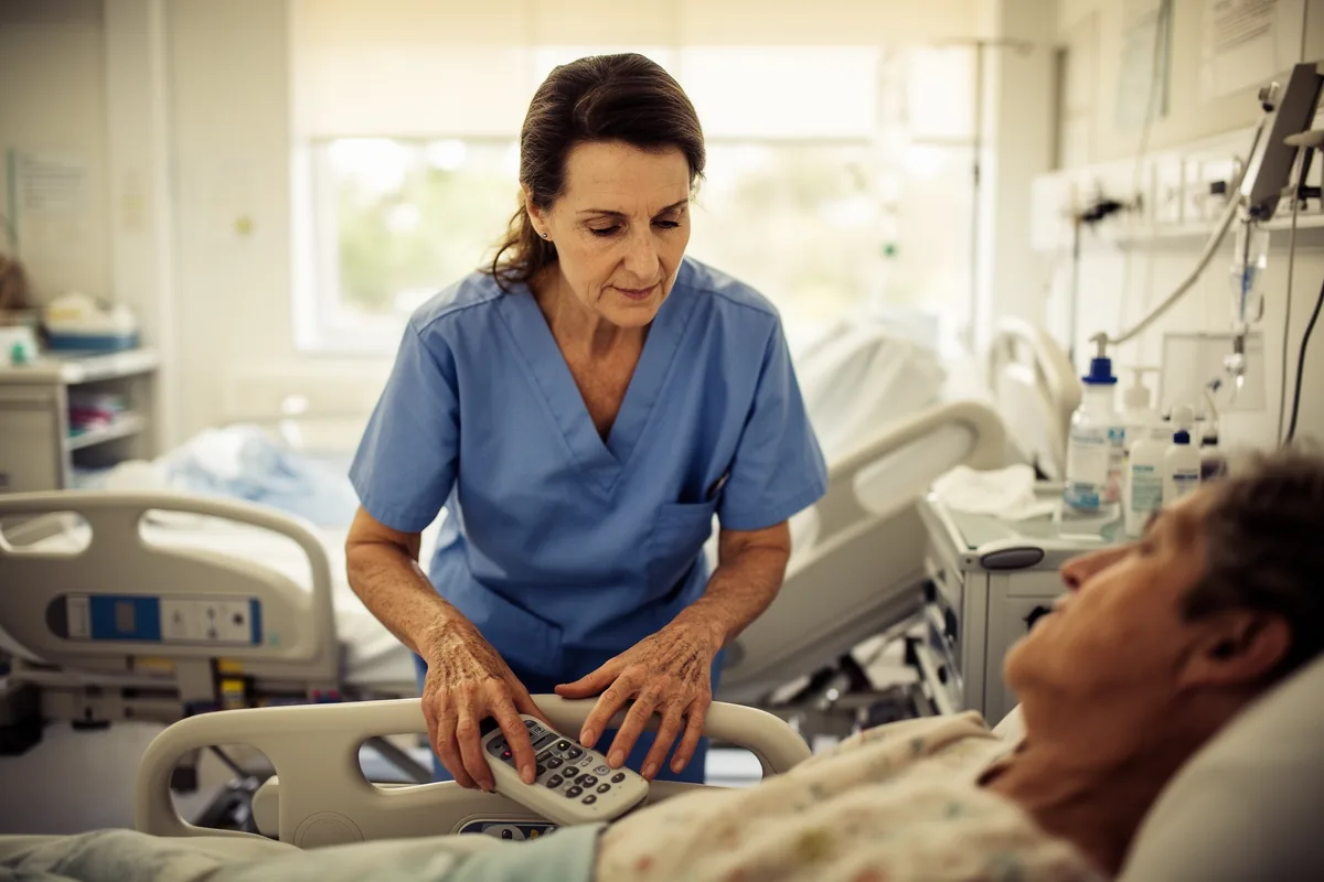 A nurse adjusting the height of an electric profiling bed with the handset before repositioning a patient