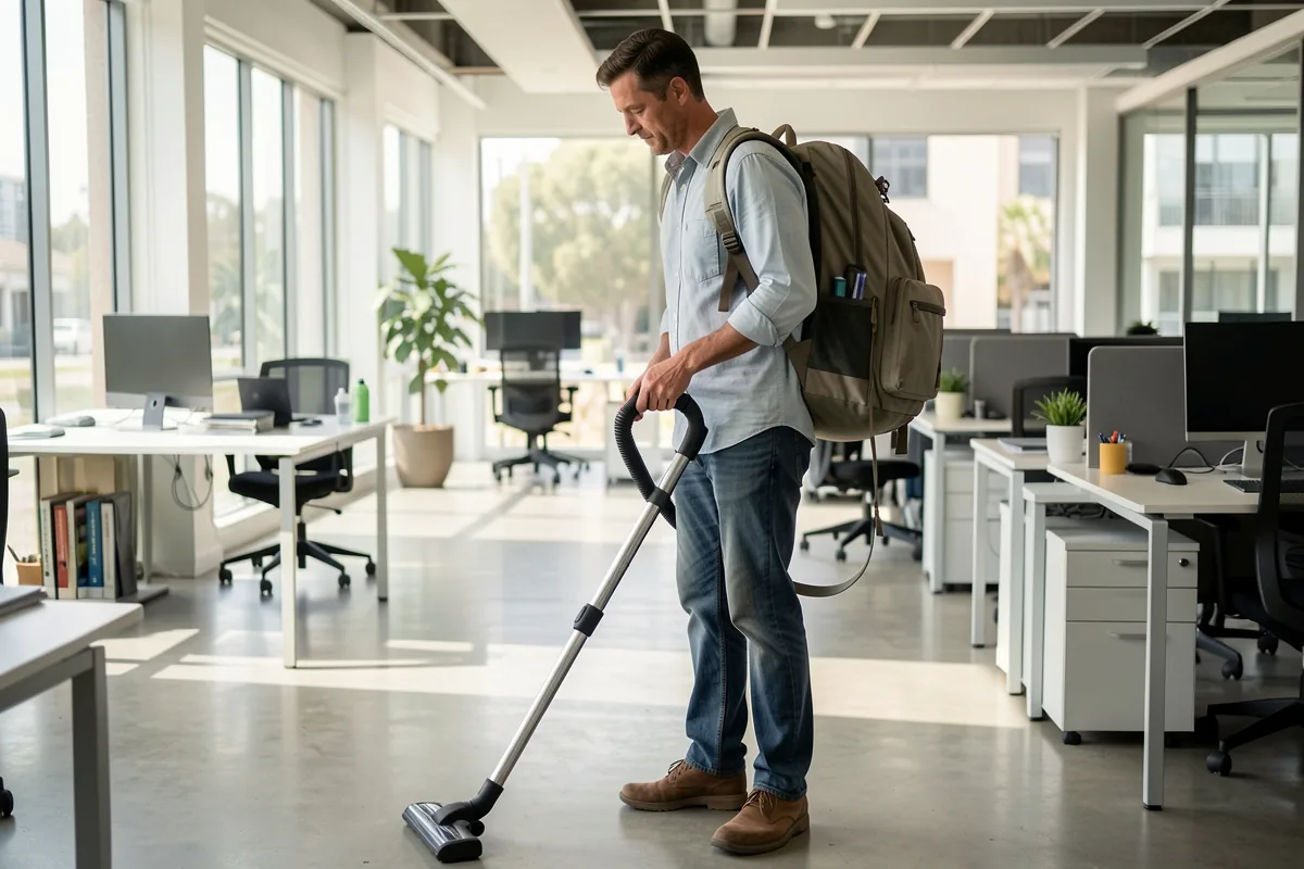 A cleaner using a backpack vacuum in an open-plan office