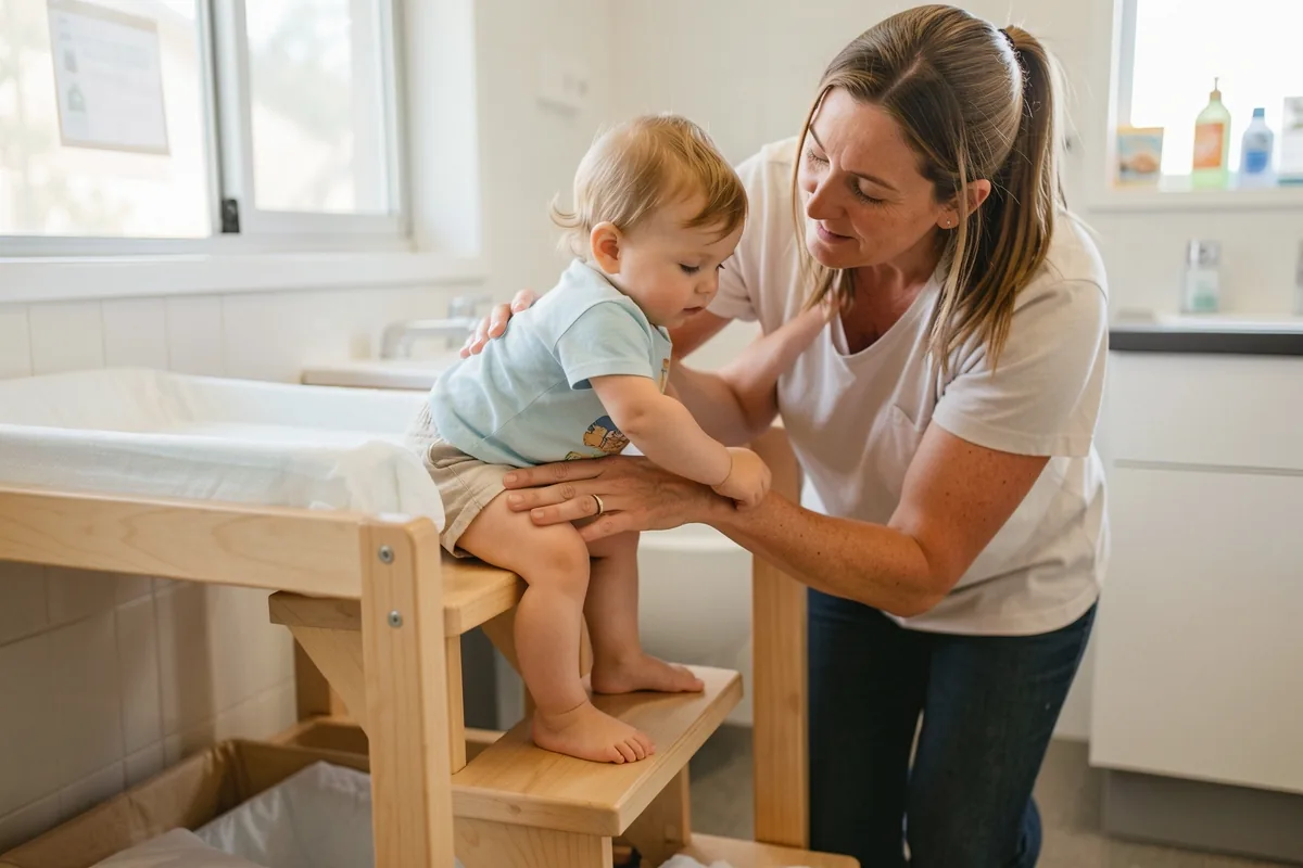 A toddler climbing the built-in steps of a change table while an educator stands beside them, guiding