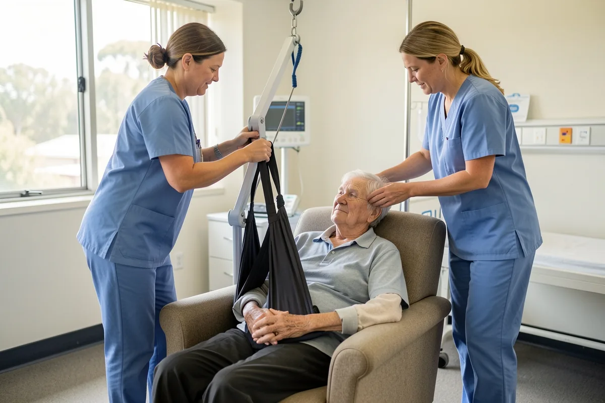 Two healthcare workers transferring a patient from bed to chair with a mobile hoist and sling