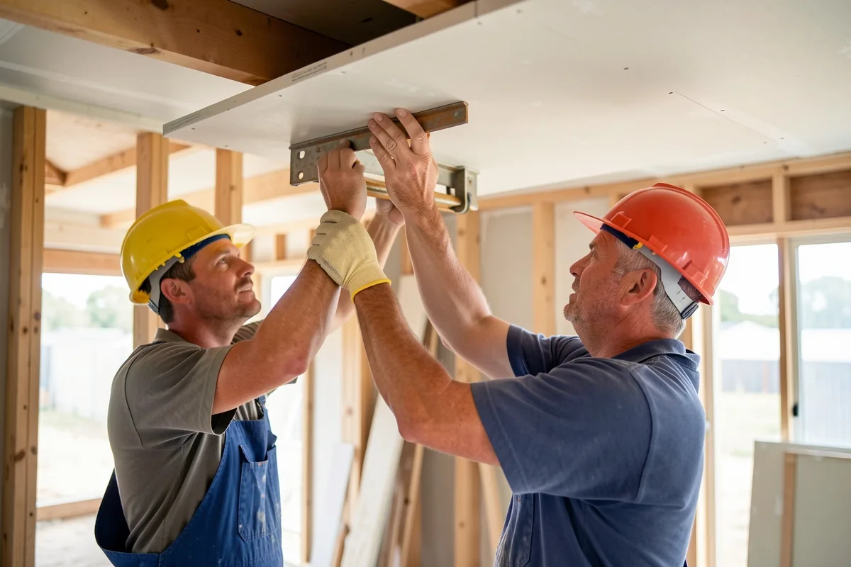 An apprentice and a tradie raising a plasterboard sheet to a ceiling with a panel lifter