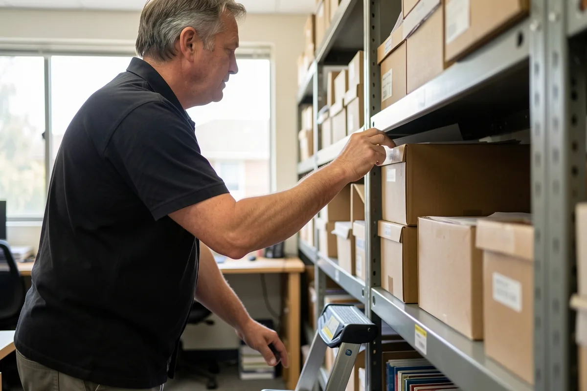 An office worker using a step stool to reach a box on a high shelf in a records room