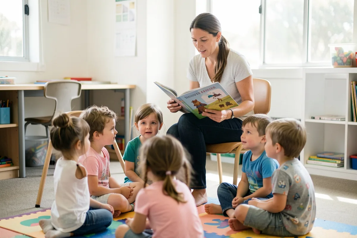 An educator seated on an adult chair reading a picture book to children sitting on a mat
