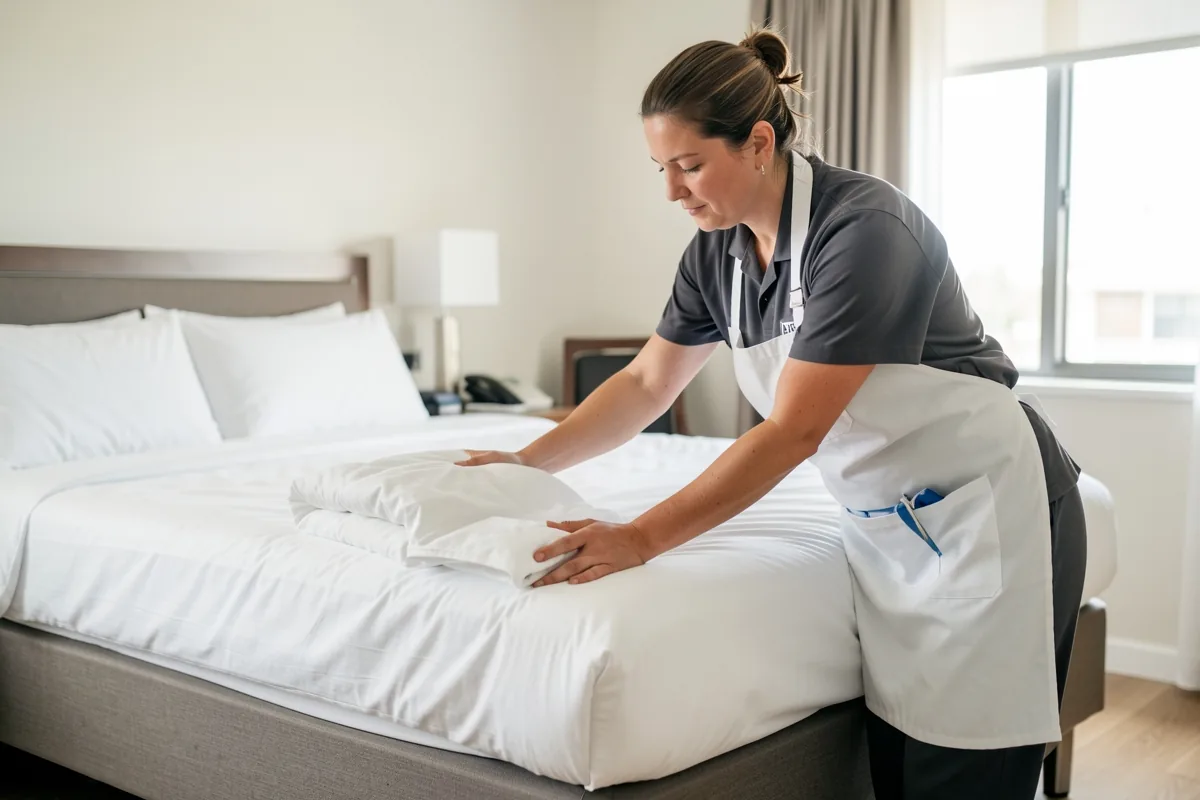 A housekeeper making a bed on a raised frame in a hotel room
