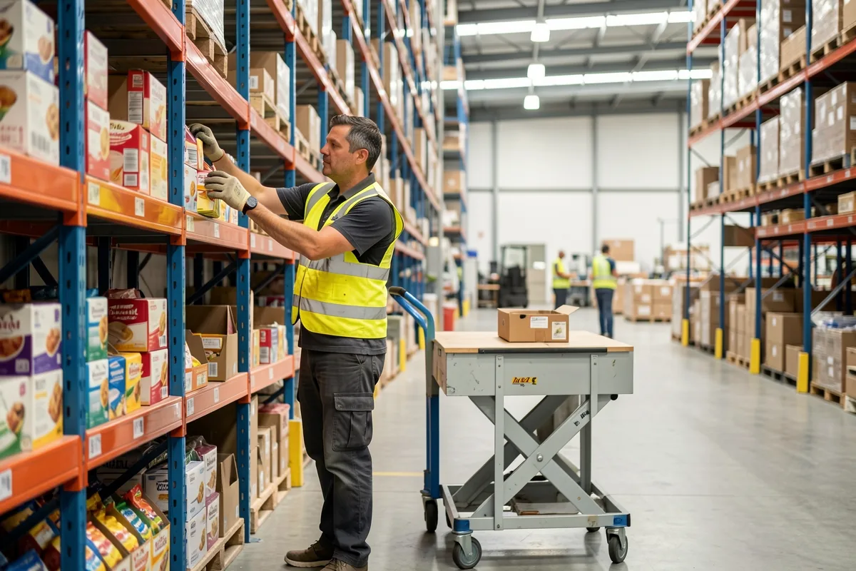 A picker placing cartons onto a trolley from a pallet raised on a scissor lift table