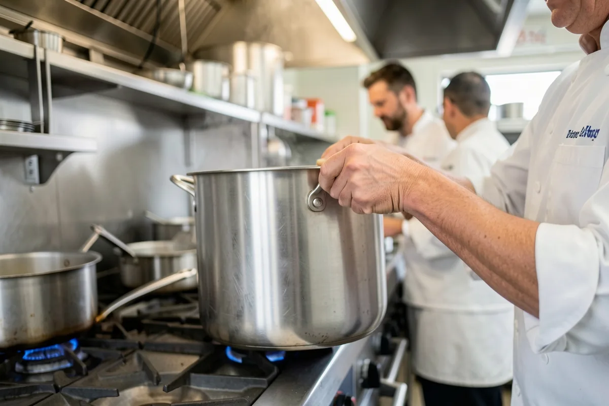 Two kitchen staff lifting a large stock pot together using a controlled team lift