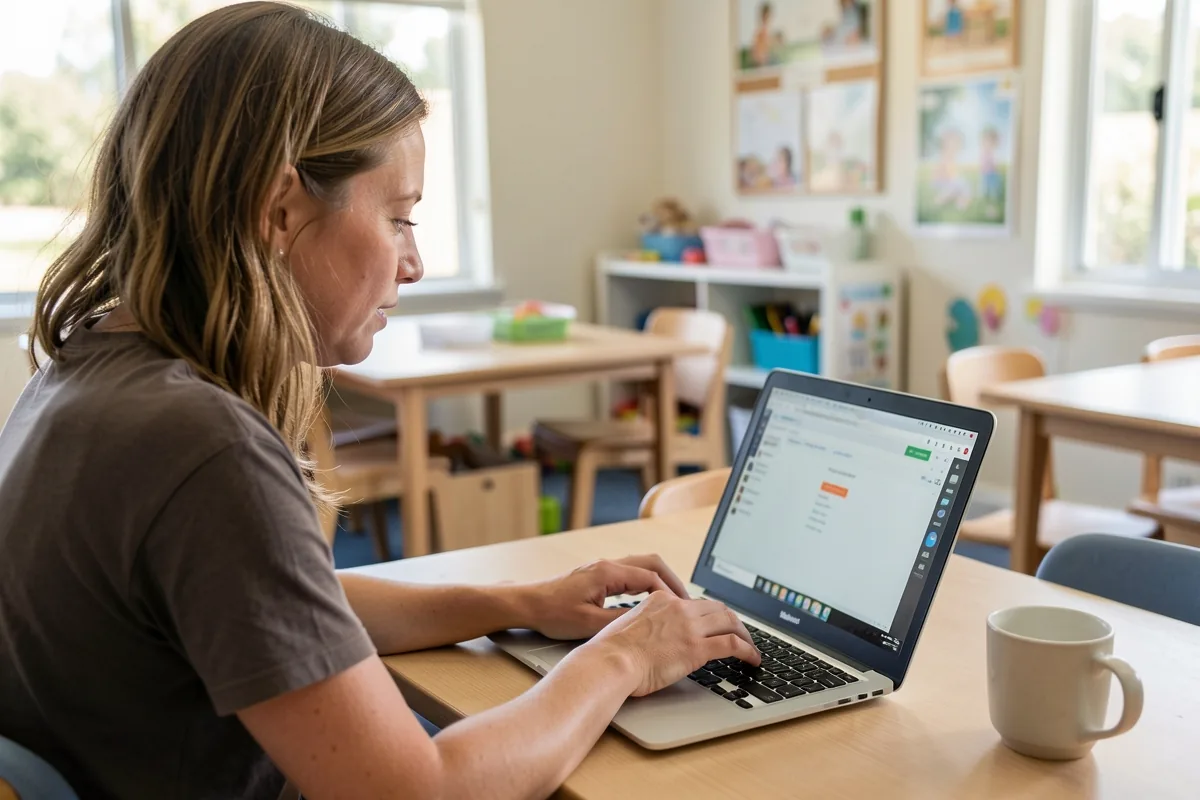 An educator completing online manual handling training on a laptop in a staff room