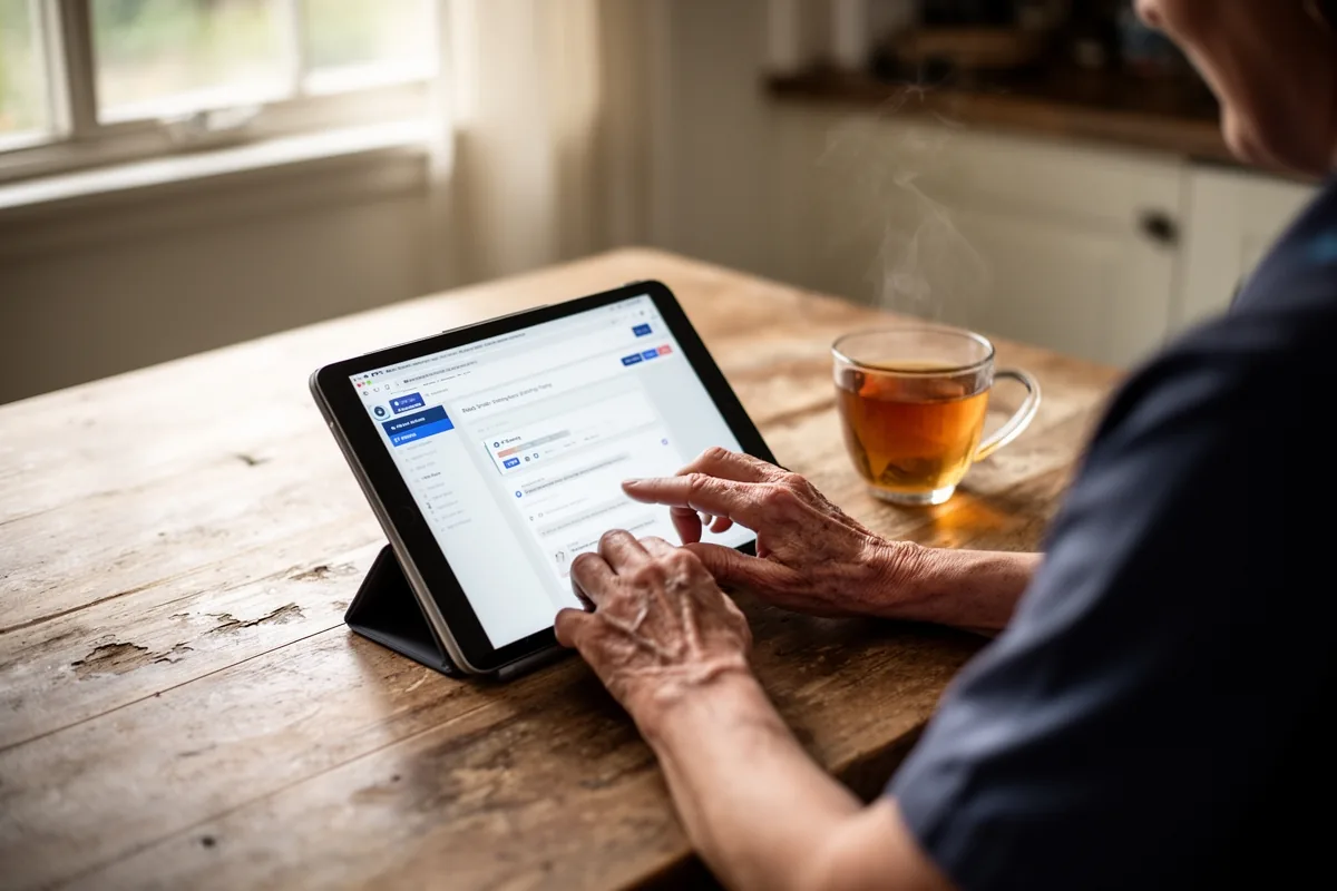 A support worker completing online training on a tablet at a kitchen table