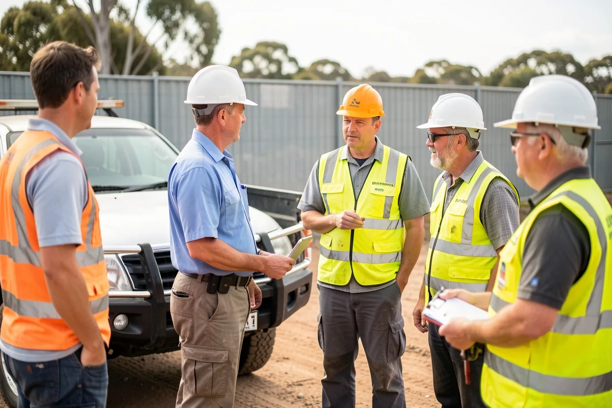 A construction crew standing in a circle at a pre-start toolbox talk on site