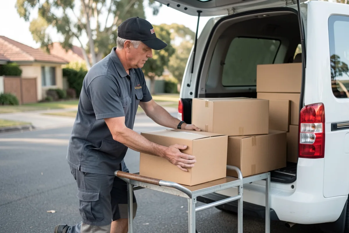 A delivery driver unloading parcels from a van using a tail lift at the kerb
