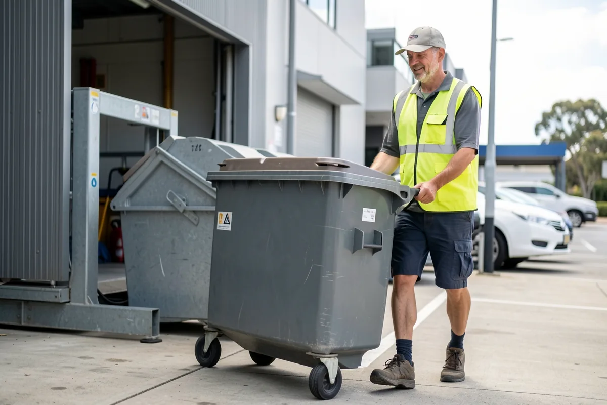 A facilities worker wheeling a bin to a bin lifter at a loading dock