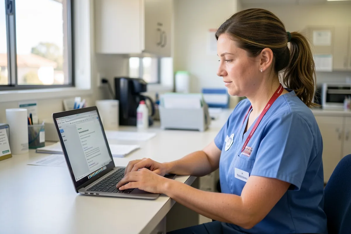 A nurse completing an online course on a computer at a nurses' station