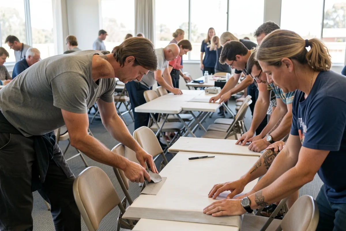 Staff setting up rows of chairs for an event in a meeting room