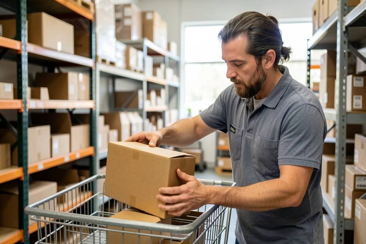 A retail worker breaking down cartons on a trolley in a stockroom