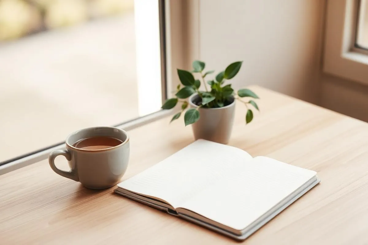 A calm study desk with a notebook and a cup of tea ready for online learning