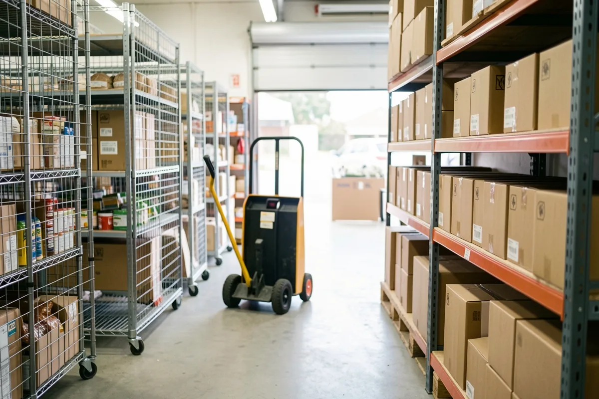 A shop stockroom with roll cages and a sack truck ready for a delivery