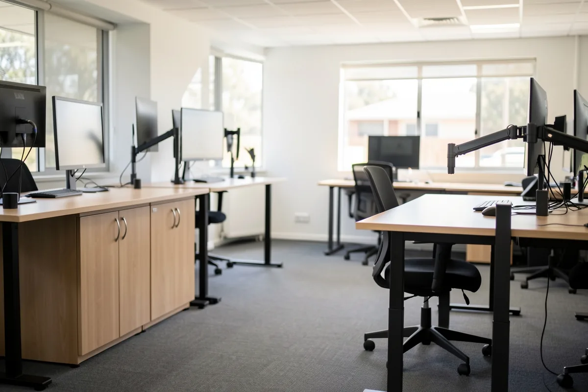 A tidy modern office with sit-stand desks and waist-height storage cabinets