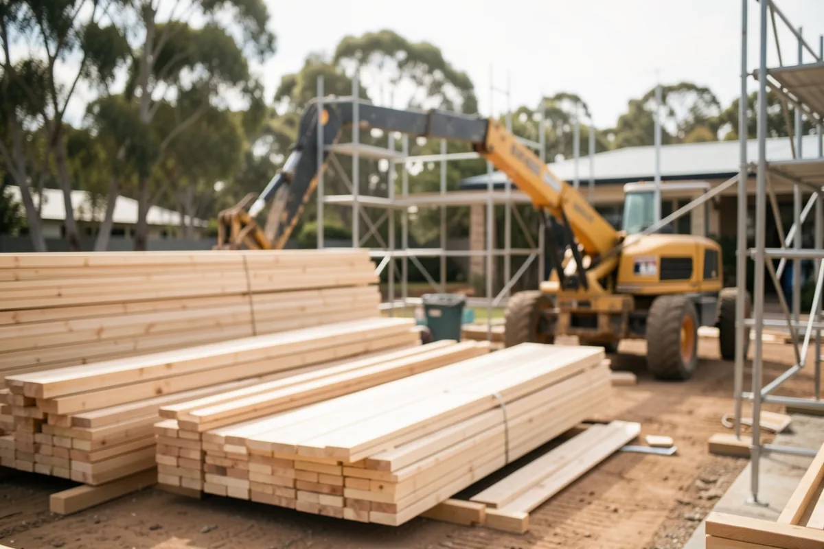 A residential building site at framing stage with stacked timber and a telehandler placing materials