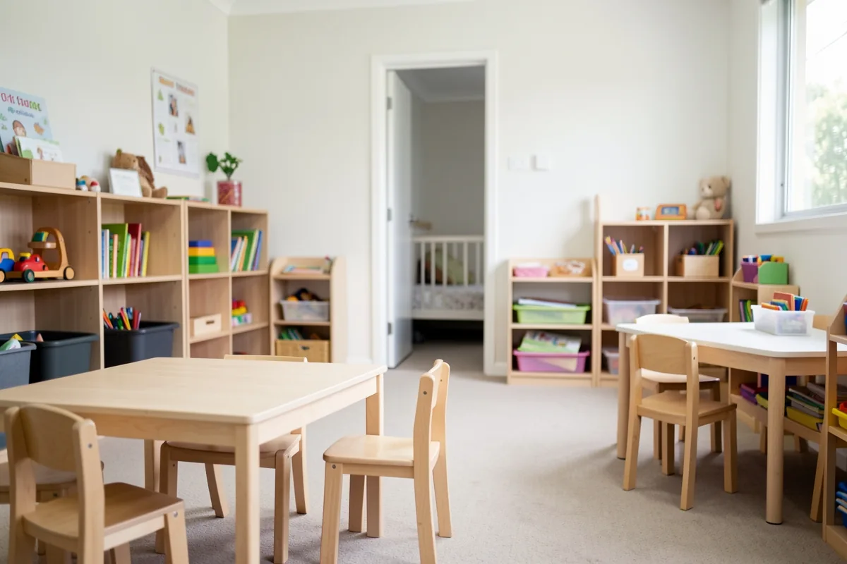 A bright early learning room with waist-height storage, an adult chair and an adjustable-height cot