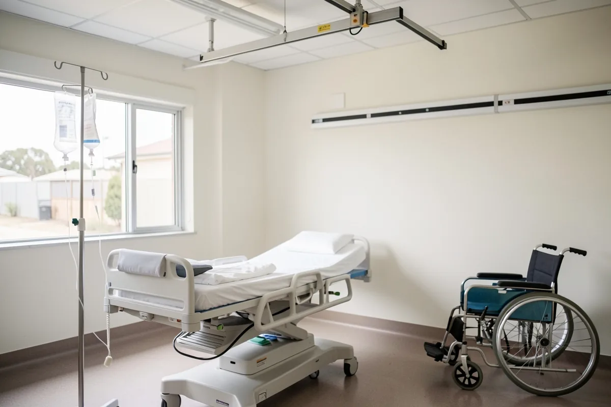 A modern hospital room with an electric profiling bed and a ceiling hoist track above it