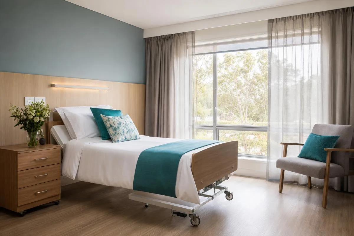 A bright, well-equipped aged care room where safe manual handling takes place