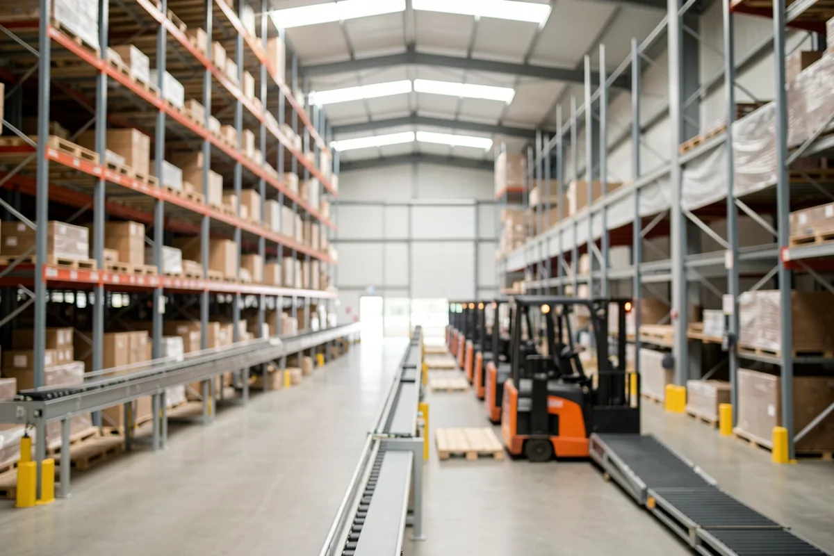 The interior of a modern distribution centre with tall racking, conveyors and wide, clear aisles