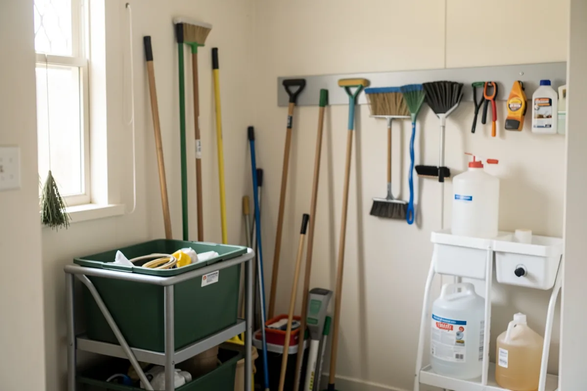 A cleaner's storeroom with a stocked janitorial cart and a wall-mounted chemical dilution station